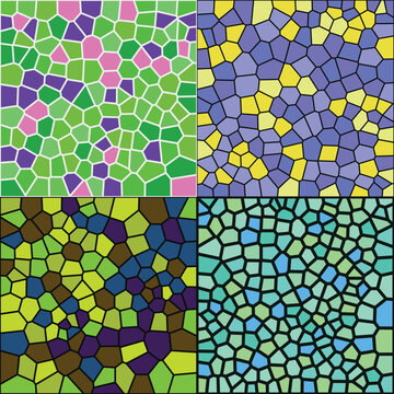 Set of four colorful stained glass mosaic vector patterns with geometric shapes and grid lines