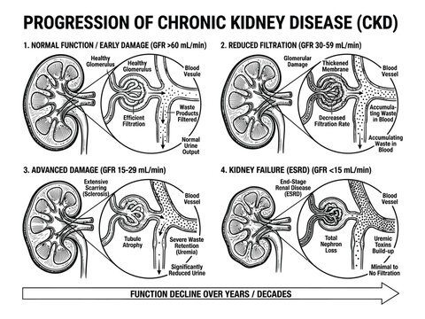 Stages of chronic kidney disease progression diagram Vector