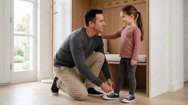 Father, child and tying shoes in home with morning routine, parenting and family care. Man, daughter and footwear in hallway with clothing, support and helping hands for school, love and daily life