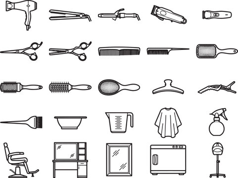 A collection of iconic hairstyling tools and salon equipment, rendered in a clean, minimalist line art style, showcases the essential elements of a professional hairdresser's kit.