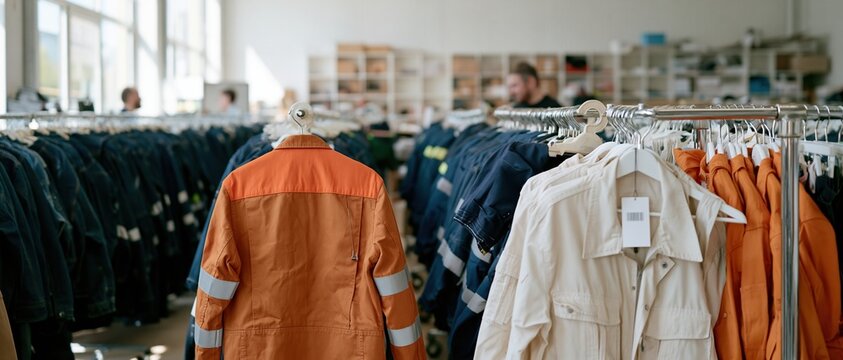 Rows of industrial workwear uniforms hanging on rails in a retail shop, featuring textured canvas and reflective tape for industrial supply marketing
