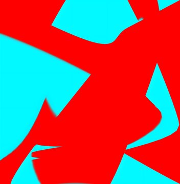 Abstract composition featuring bold red and cyan geometric shapes with irregular overlapping forms and a modern colorful design
