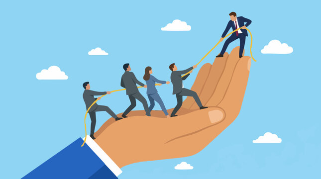 Business team pulling rope together on a giant helping hand, teamwork concept