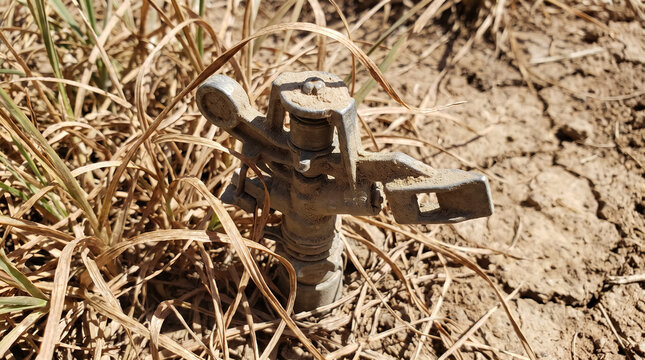 Dry irrigation sprinkler standing in withered grass and cracked ground, symbolizing drought and water scarcity in agriculture
