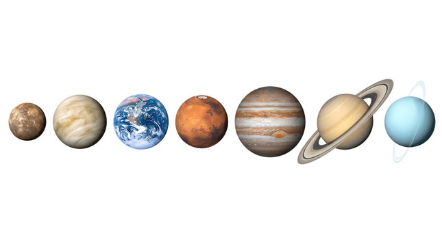Set of seven pixel art planets from the solar system isolated on transparent background