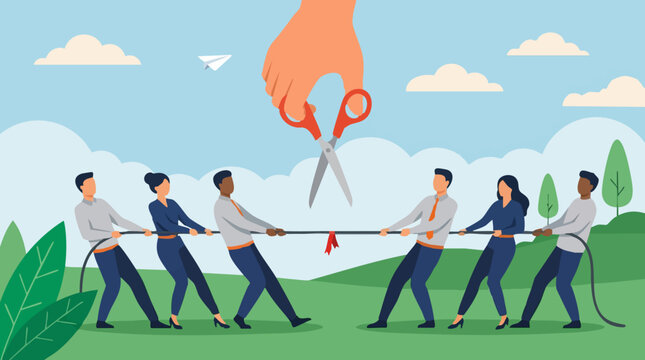 Business teams engaged in tug-of-war, rope cut by giant scissors concept