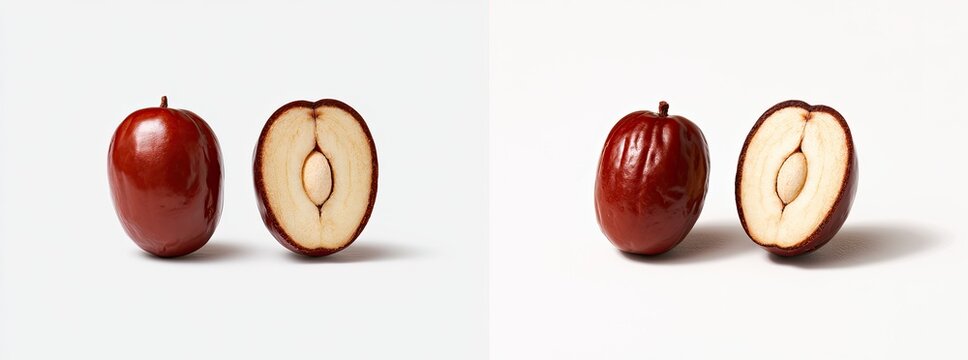Two fresh red dates, one whole and one halved, on a white background.