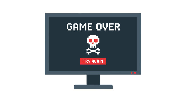 Retro Pixel Art Game Over Screen with Skull and Try Again Button on Monitor