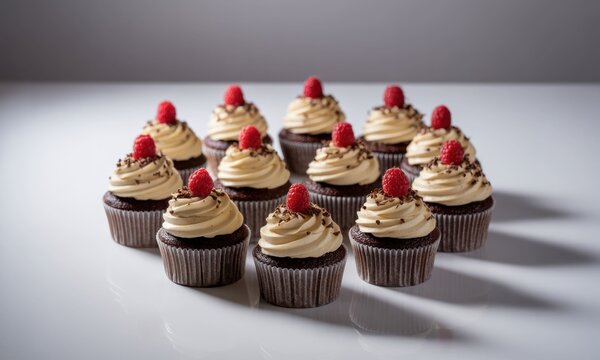 Chocolate cupcakes, topped with cream and raspberries, arranged in a  geometric pattern