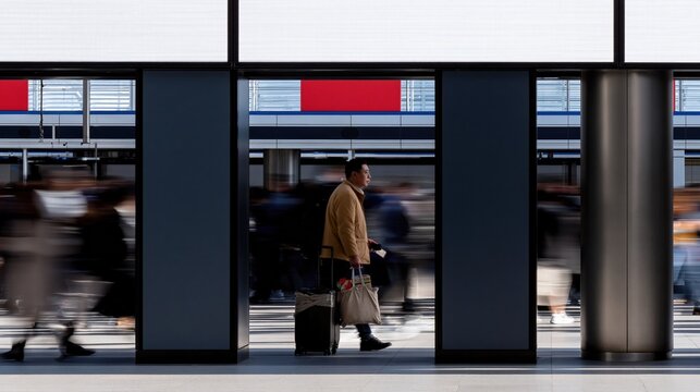 East Asian man hauling a repaired suitcase and canvas bag through a blurred station concourse, purposeful and hectic for autumn holiday travel, with copy space