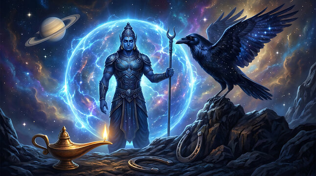 Shani dev hindu deity with crow and saturn in cosmic space