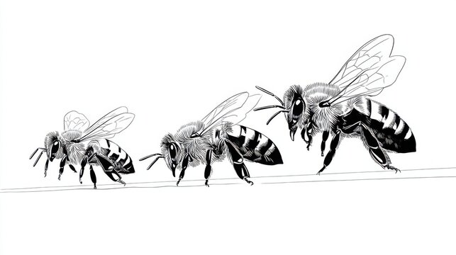 Hand-Drawn Illustration of Bees on White Background