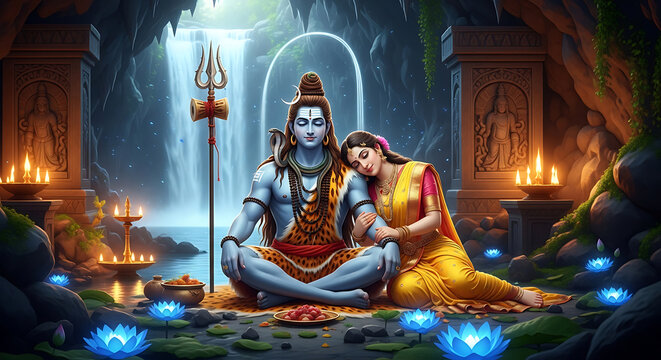 Lord shiva and goddess parvati in a serene cave with a waterfall and lotus flowers