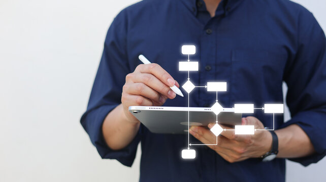 close up manager executive man write on virtual workflow to create solution and decide about solving problem with logic strategy for improve and analyse business concept