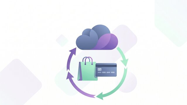 Cloud Automated E-Commerce Checkout Process Concept with Shopping Bag and Sync Arrow  Flat Vector