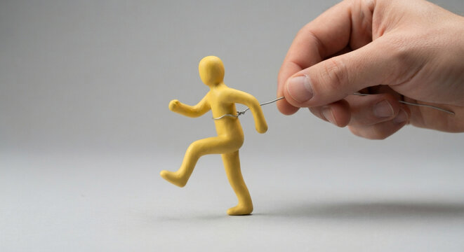 Stopmotion process of walking. Fifth step. Man's hand holding with an aluminum wire a figure made with yellow modeling paste starting the process of walking. The 12 principles of animation. 
