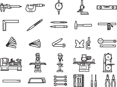 A collection of industrial tools and measuring instruments, presented as a clean, flat design icon set, showcases precision engineering and manufacturing equipment.