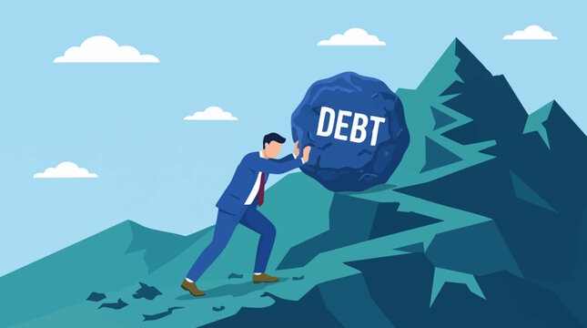 Businessman pushing heavy debt rock up a steep mountain, financial struggle concept
