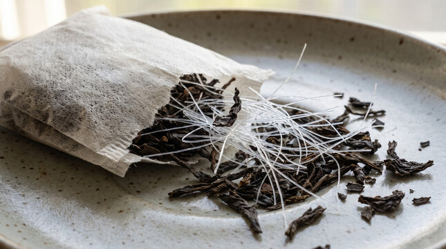 Tea bag torn open spilling tea leaves and microplastic fibers on a ceramic plate, showing contamination