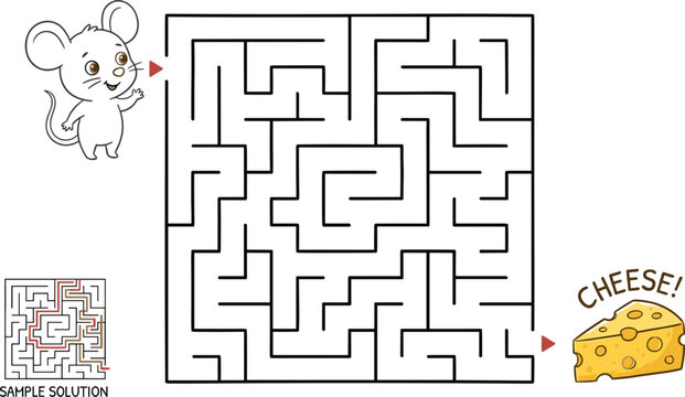 Maze puzzle game worksheet for children with cute mouse finding pathway to cheese vector illustration