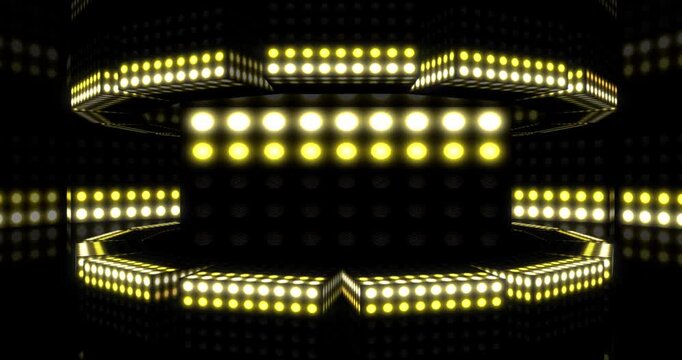 Golden christmas lights on black background. Floodlights Flashing 7. Motion graphics Animation background Visual loops. 4K

