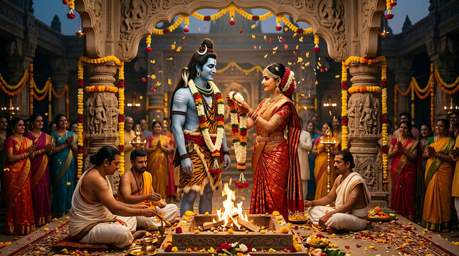 Divine wedding ceremony of lord shiva and goddess parvati in a traditional temple