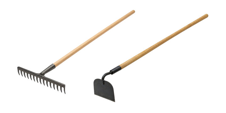 Garden rake and hoe with wooden handles and metal heads isolated on a clean white background, traditional gardening tools for soil cultivation, weeding, landscaping, and yard maintenance.