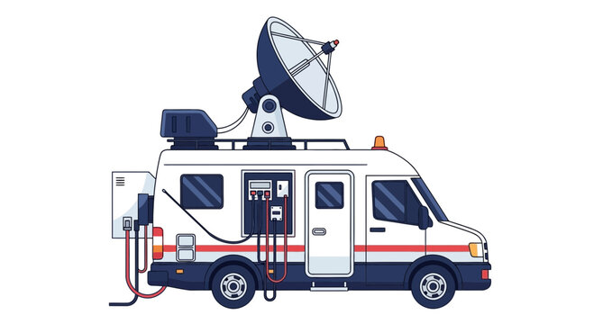 Mobile Satellite News Gathering Broadcast Van Vector Illustration, Professional Telecommunications and Media Vehicle on White Background