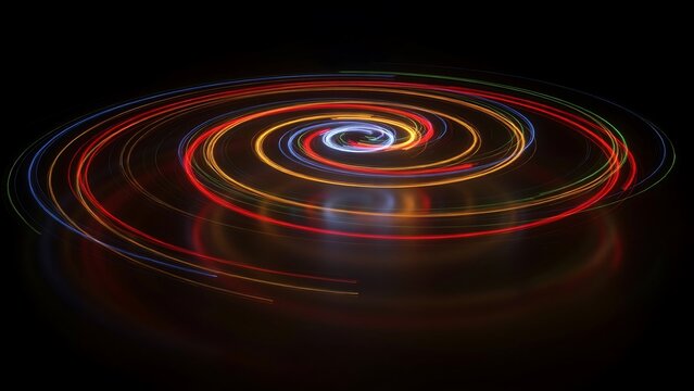 Abstract swirling light trails in spiral pattern on dark background with abstract