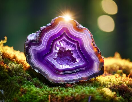 a vibrant amethyst geode rests on moss showcasing its purple crystals and a warm orange glow within