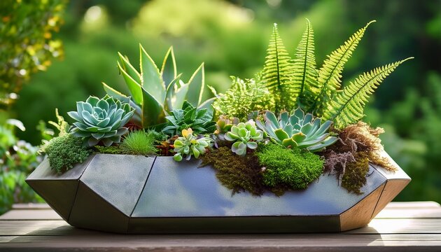 a geometric planter filled with various succulents and ferns nestled amongst rocks and moss against a lush green background