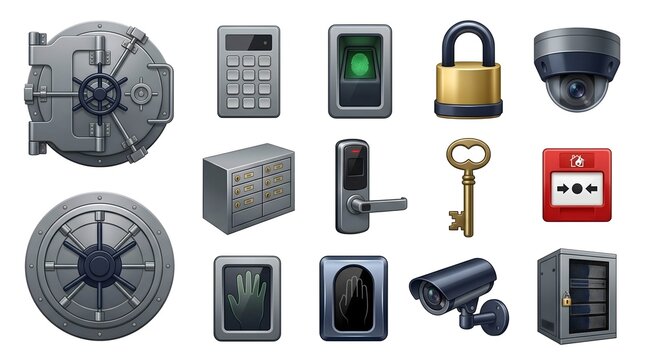 Collection of various security system elements and modern vault doors