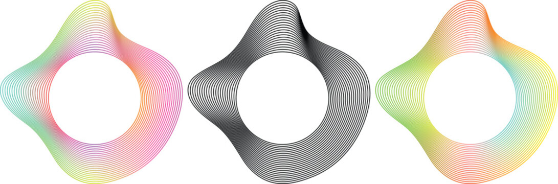Abstract circular shapes formed by flowing parallel lines in colorful and black variations.