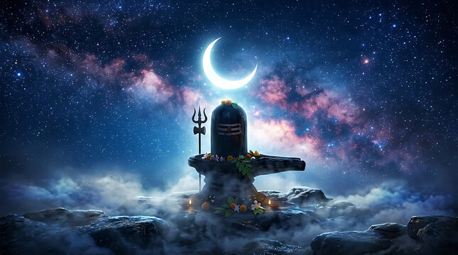 Shiva lingam with trishul and crescent moon under a cosmic milky way sky