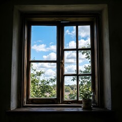 Fototapeta premium Open wooden window with view of blue sky clouds and green trees outside photography