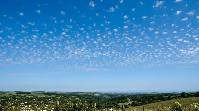 Rolling green hills landscape under bright blue sky with scattered white clouds photography