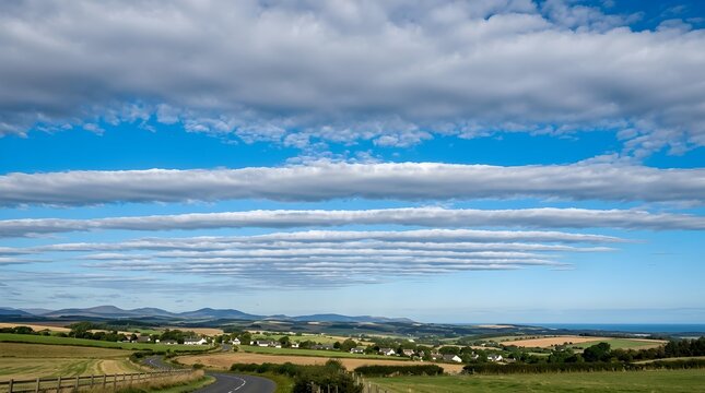 Rolling green hills landscape under vast blue sky with scattered white clouds rural countryside photography