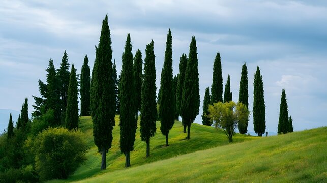 Tall cypress trees stand in a row along a grassy hill under a cloudy sky with patches of yellow wildflowers