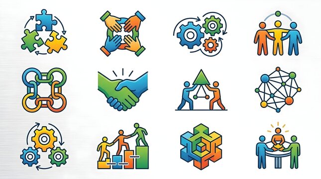 Colorful vector icons representing teamwork and partnership symbols