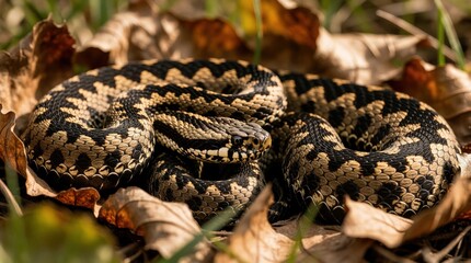 Naklejka premium Coiled viper snake with striking black and yellow pattern rests on dry autumn leaves in forest. Reptile camouflages, stays still on forest floor, showing scales and natural beauty.