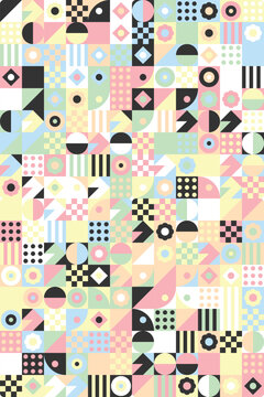 Abstract Geometric Seamless Mosaic Pattern Background in Pastel Pink, Light Blue, Soft Yellow, Mint Green, and Black Color Palette