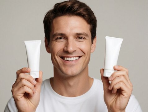 Man holds two white cosmetic tubes, smiling. Male models show skincare products for face care. Healthy skin routine for men. Good grooming habit.