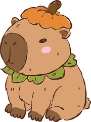 Obraz premium Cute cartoon capybara wearing orange pumpkin hat on head with leaf collar, doodle illutration hand drawn halloween element png Decorative items