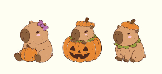 Obraz premium Cute capybara Halloween pumpkin costumes collection set with witch hat and bow, doodle illutration hand drawn halloween element png Decorative items
