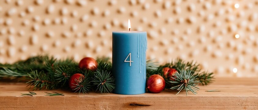Blue advent candle with the number four among fir branches and red ornaments on a wooden ledge for festive holiday banners