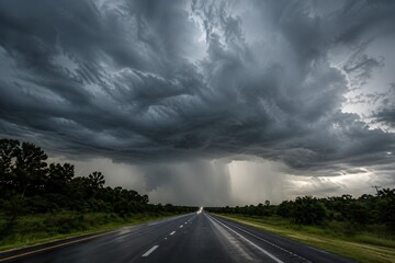Fototapeta premium Dramatic storm clouds with heavy rain shaft over wet asphalt highway in the countryside