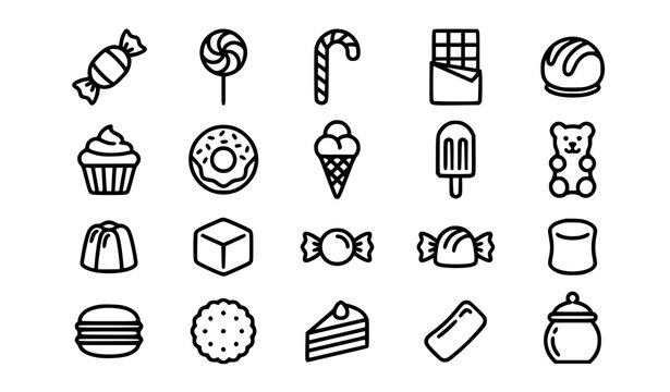 Sweets and candy monoline icon set for confectionery food and dessert design