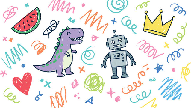 Kids Seamless Doodle Pattern with Cute Dinosaur Robot Crown Watermelon and Colorful Scribbles Vector Illustration for Children Fabric Wrapping Paper and Wallpapers