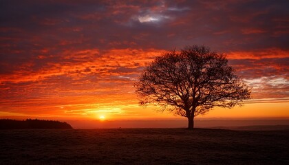 Fototapeta premium a solitary tree stands silhouetted against a vibrant red and orange sunrise creating a breathtaking scene of natural beauty and tranquility