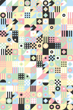 Abstract Geometric Seamless Mosaic Pattern Background in Pastel Yellow, Soft Pink, Sky Blue, Mint Green, and Black Color Palette